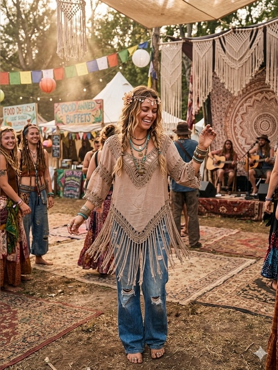 No Label Tops - Boho Fringe Crochet Tunic Top in Taupe